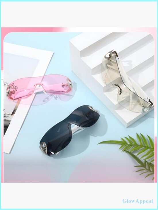 Y2K Wrap Around Rimless Sunglasses UV400 Protection 3-Piece Set - Picture 7 of 7